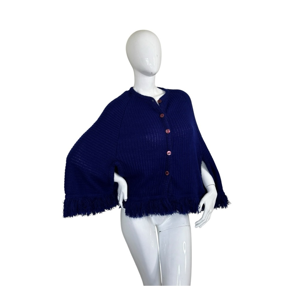 Lane Bryant vintage knit sweater top Navy Royal cape Women's Poncho Fringe plus - Picture 15 of 17